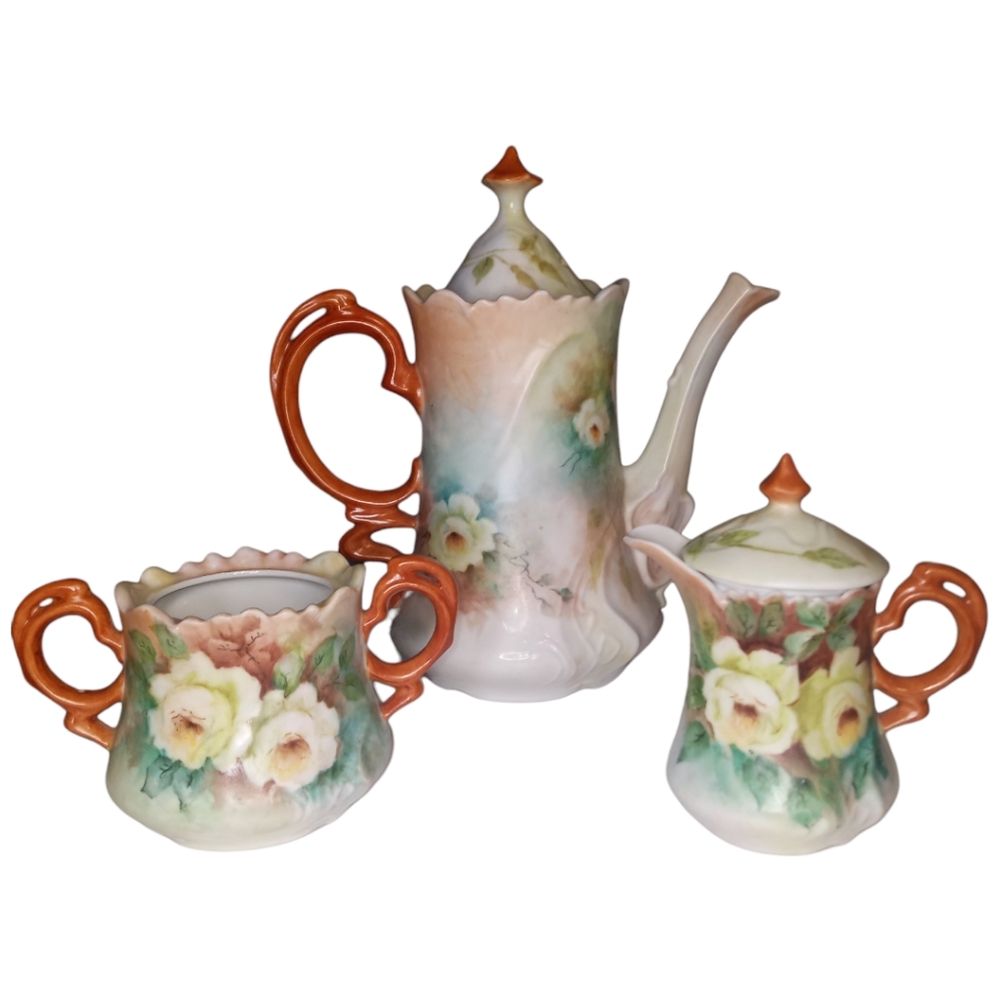 Vintage Hand Painted Yellow Roses Tea Set - Tea Pot, Creamer, Sugar Bowl…